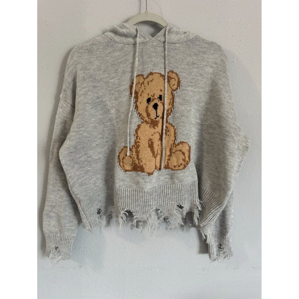 Just Polly NY Teddy Bear Distressed Knit Hoodie Sweater Women’s M Gray Oversized - Picture 3 of 8
